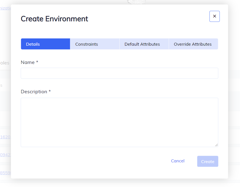 Create Environment Dialog Box